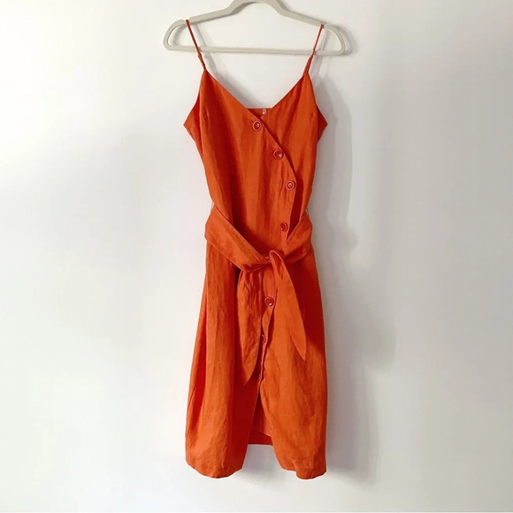 Joie Carnell Buttoned Midi Belted Linen Dress in Warm Terracotta - Picture 4 of 7
